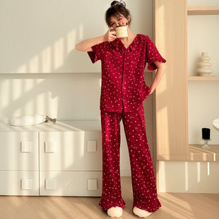 棉小闲红色满印猫咪睡衣女夏季短袖长裤开衫本命年开衫家居服套装