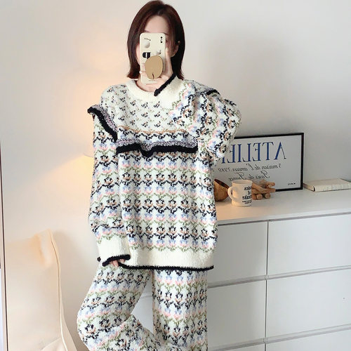 法式针织毛衣半边绒睡衣女款套装