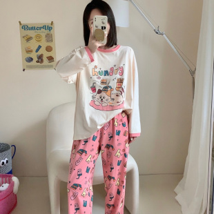 可外穿圆领可爱卡通女士纯棉家居服两件套 睡衣春秋季 猫咪长袖 长裤