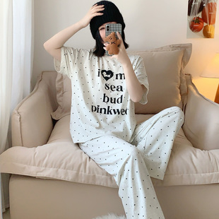 PINKWEO 满印爱心字母小狗睡衣女夏季薄款透气短袖长裤家居服套装