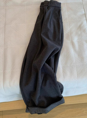 今年流行特惠日系复古深灰色呢料卷边休闲裤女秋冬高腰显瘦宽松