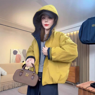 今年流行特惠撞色加绒加厚短外套女秋冬季 韩系休闲宽松 2025新款