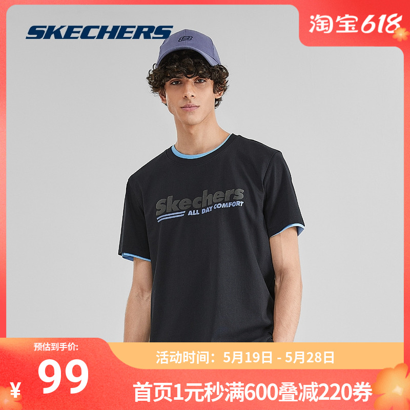 Skechers斯凯奇正品奥莱速干黑色针织圆领T恤舒适透气运动短袖