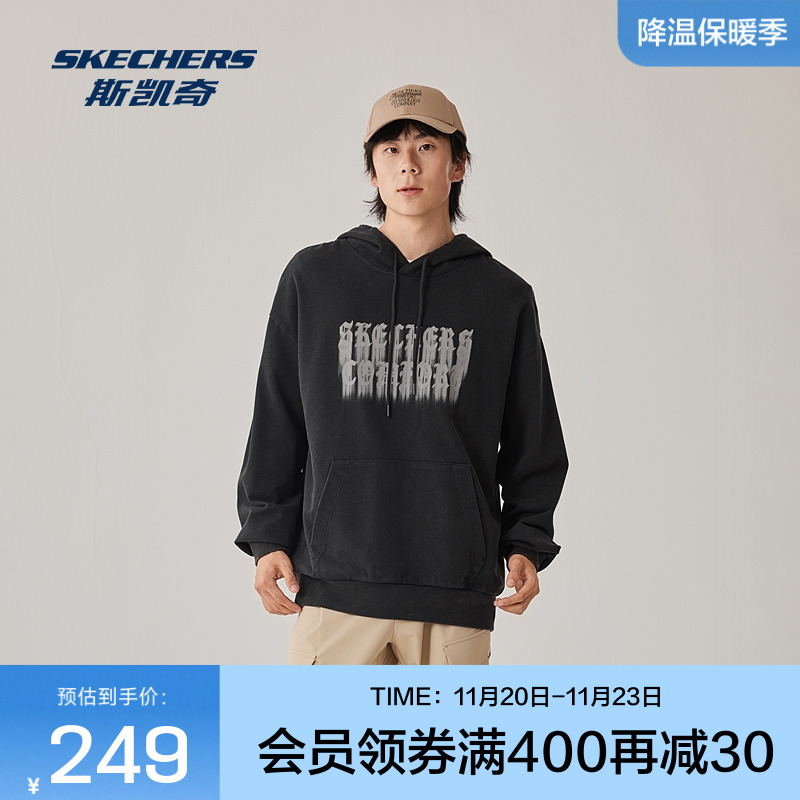 斯凯奇连帽卫衣2025秋季中性款套头宽松舒适实用帽绳标识印花设计