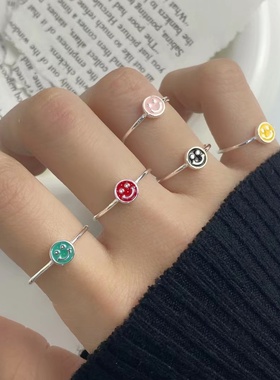 S925纯银彩色笑脸韩版开口戒指