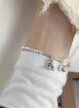 S925银简约小众小熊爱心手链