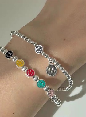 韩版S925银彩色笑脸GOODLUCK手链