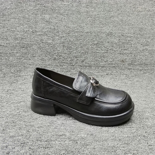 清仓复古英伦风粗跟牛皮休闲百搭单鞋 25春季 断码 女鞋 真皮乐福鞋