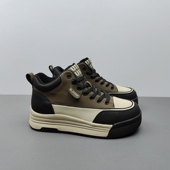 拼色高帮鞋 39码 女鞋 棕色松糕底厚底鞋 真皮系带休闲板鞋 韩版