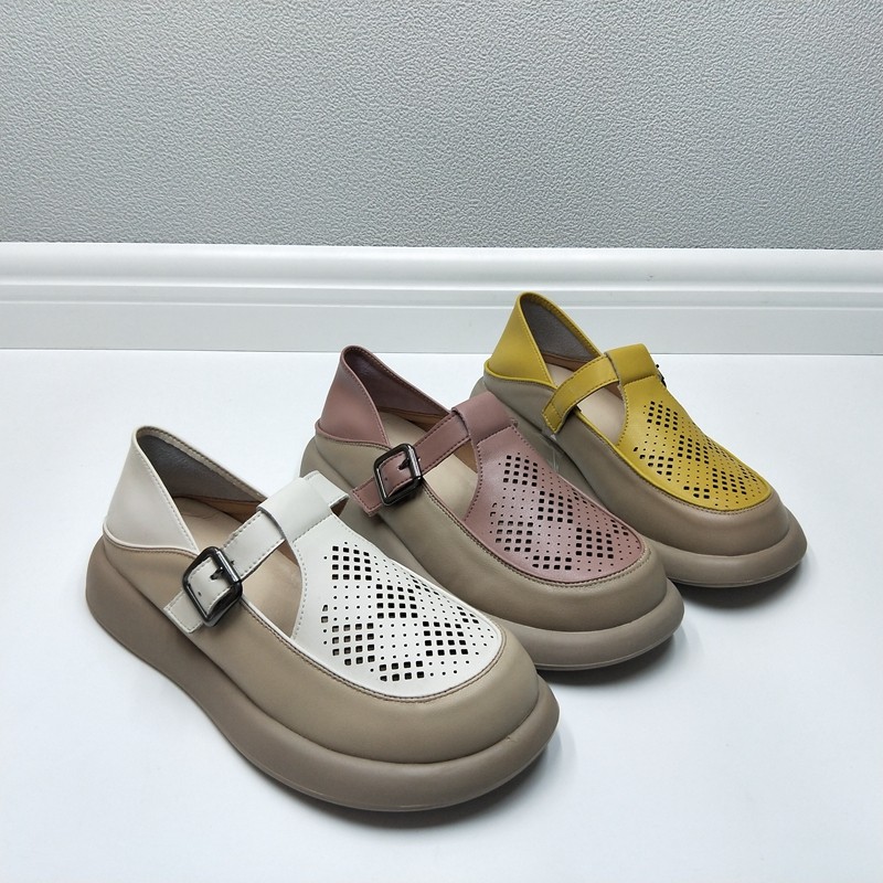 品牌撤柜女鞋24夏季断码尾货真皮牛皮百搭搭扣厚底拼色软底凉鞋