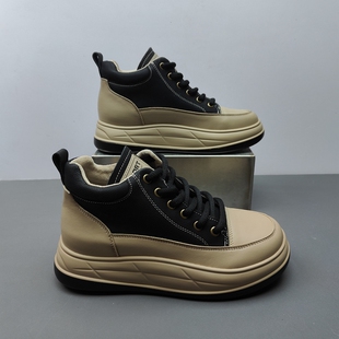 38码 韩版 厚底系带圆头休闲百搭显脚小轻便板鞋 女鞋 真皮高帮鞋