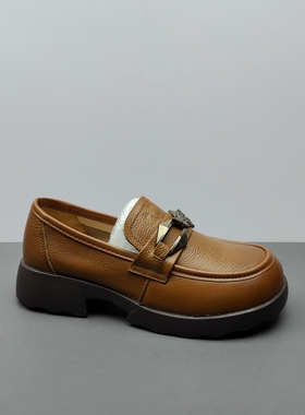 25春季真皮乐福鞋女鞋一脚蹬百搭圆头低跟英伦风金属扣36.40