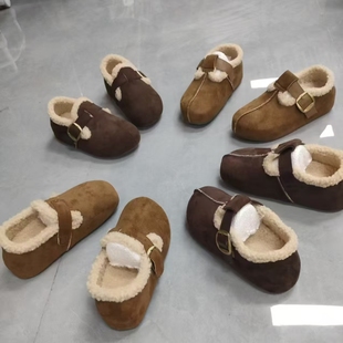 冬季尾货新款一脚蹬仿磨砂皮女棉鞋两穿厚底勃肯鞋保暖加绒雪地靴