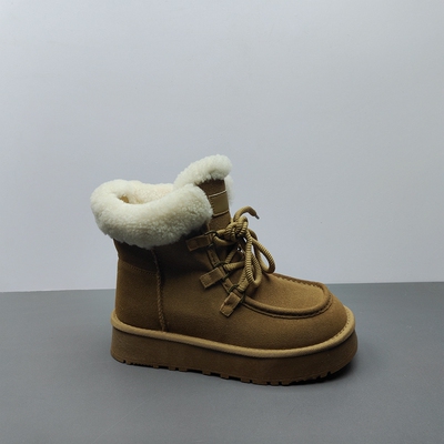 真皮女棉靴系带马丁靴羊毛雪地靴