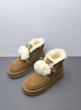 真皮雪地靴羊毛皮一体厚底女棉鞋