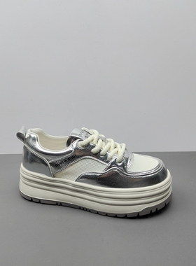 休闲风厚底小白鞋女透气松糕底运动鞋增高百搭休闲鞋系带银色39码