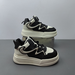 真皮高帮鞋 厚底40码 女鞋 百搭潮鞋 黑白拼色厚底系带休闲板鞋 韩版