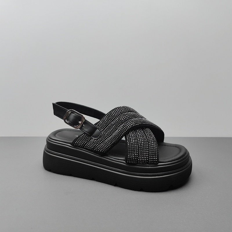 2025夏季新款韩版厚底交叉带凉鞋时尚百搭水钻罗马凉鞋出欧货女鞋,女鞋,休闲凉鞋,淘宝优惠券,粉丝福利购,淘宝优惠卷