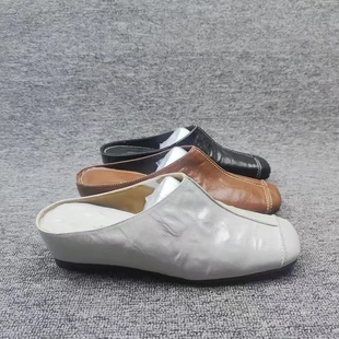 清仓断码2025夏季新款女鞋真皮外穿坡跟休闲包头半拖鞋方头牛皮