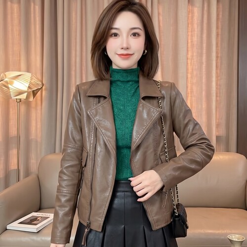 美拉德咖短款机车皮衣女春秋