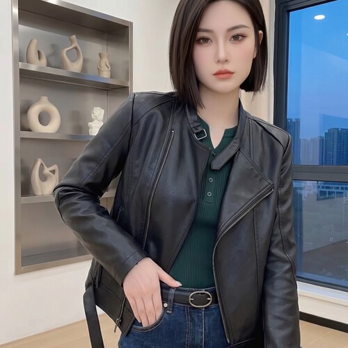 黑色短款立领皮衣女小个子春秋