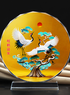 松鹤延年水晶摆件酒柜装饰摆台