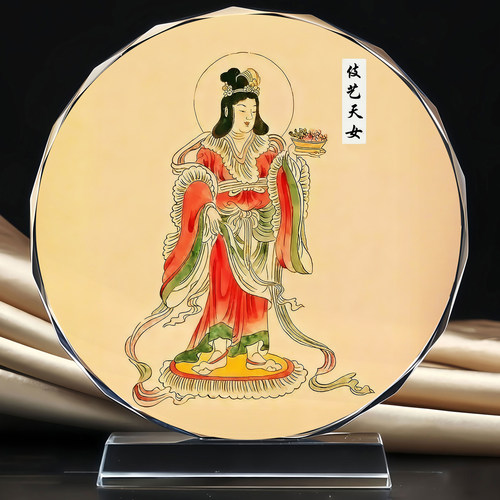 伎艺天女神像水晶摆台玄关桌面办公装饰工艺品供奉摆件照片定制