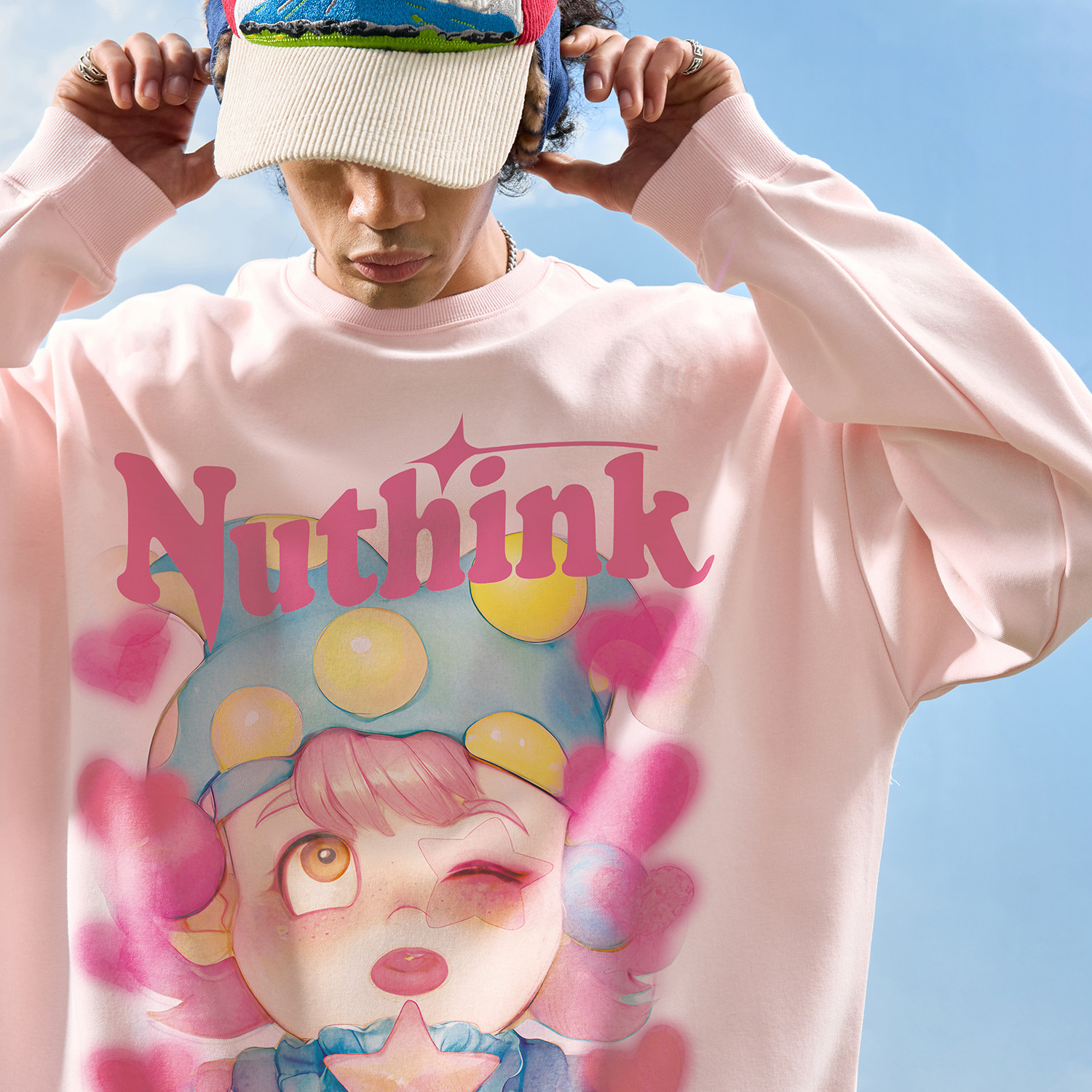 Nuthink美式潮牌粉色卡通小丑卫衣圆领印花加绒多巴胺新2026年春,男装,卫衣,淘宝优惠券,粉丝福利购,淘宝优惠卷