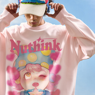 Nuthink美式 潮牌粉色卡通小丑卫衣圆领印花加绒多巴胺2025冬新款