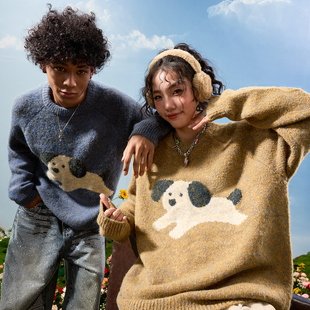 圆领慵懒保暖男女2025冬新款 Nuthink美式 复古卡通小狗毛衣针织衫