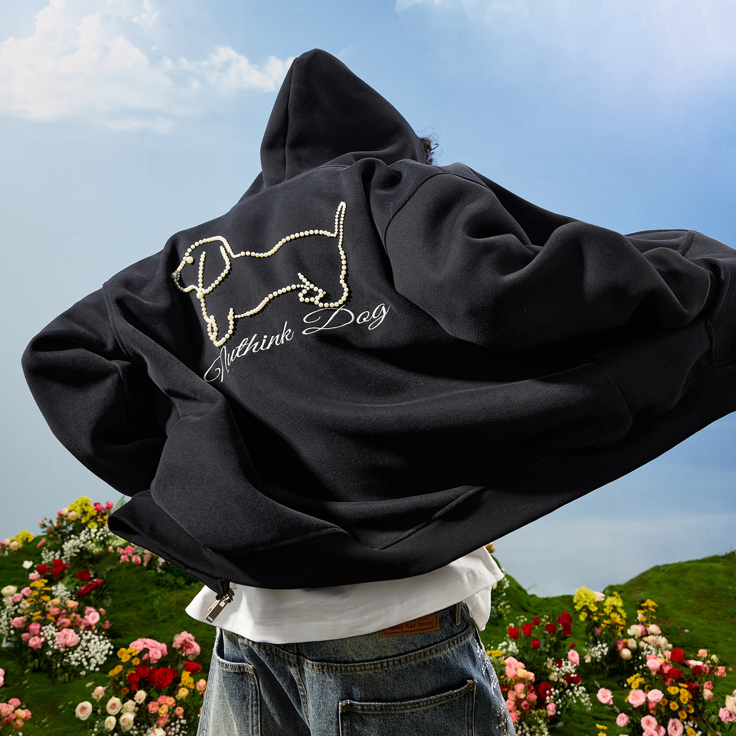 Nuthink美式复古珍珠小狗卫衣男