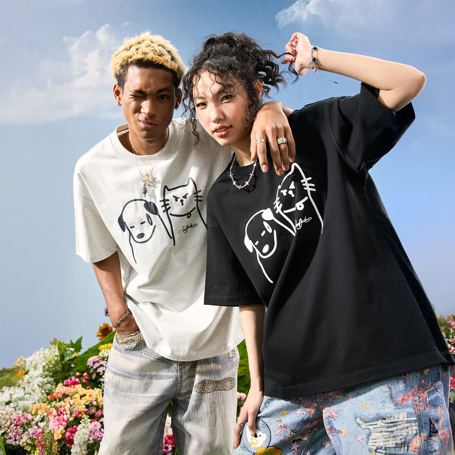 Nuthink美式潮牌小狗小猫短袖T恤卡通简笔情侣男女2026年夏新款