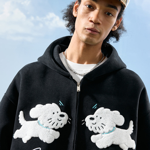 新款 外套男女2025冬季 卡通小狗刺绣字母连帽卫衣开衫 Nuthink美式