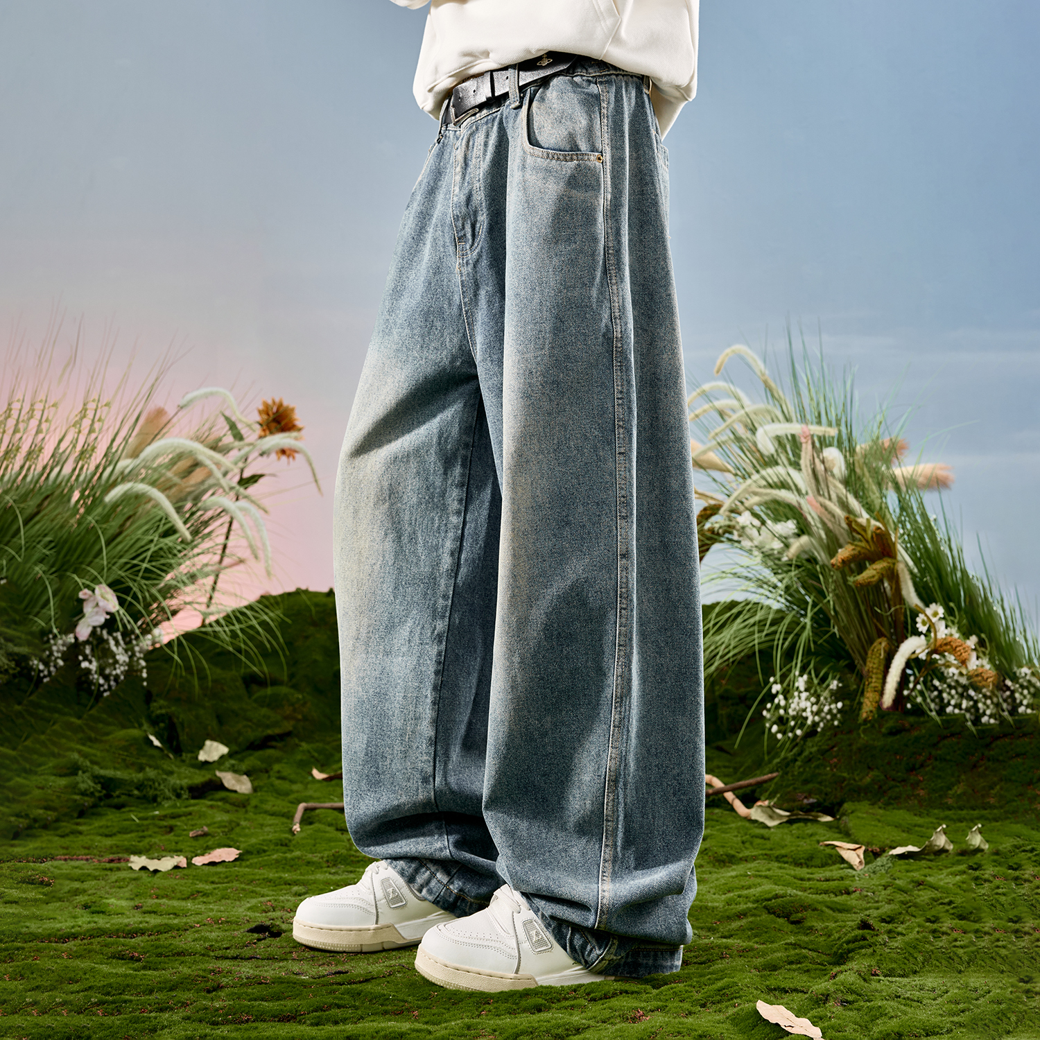 Nuthink复古做旧阔腿牛仔裤男女