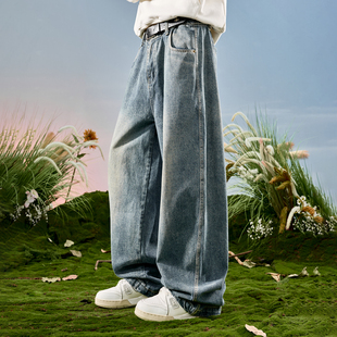 男2025冬新款 Nuthink美式 水洗垂感长裤 弯刀裤 复古做旧阔腿牛仔裤