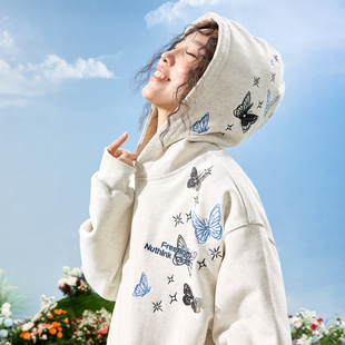 Nuthink美式 高级感蝴蝶刺绣连帽卫衣复古潮牌加绒男女2025冬新款