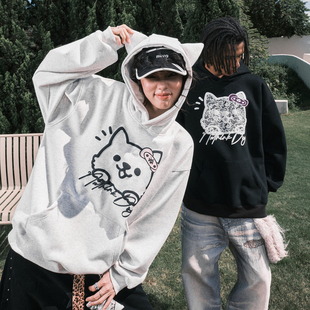 新款 情侣男女2025冬季 复古小猫连帽卫衣猫耳帽衫 Nuthink美式