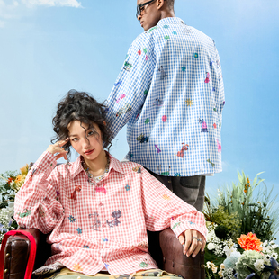 宽松情侣男女2025秋新款 格子衬衫 多巴胺卡通印花长袖 Nuthink美式