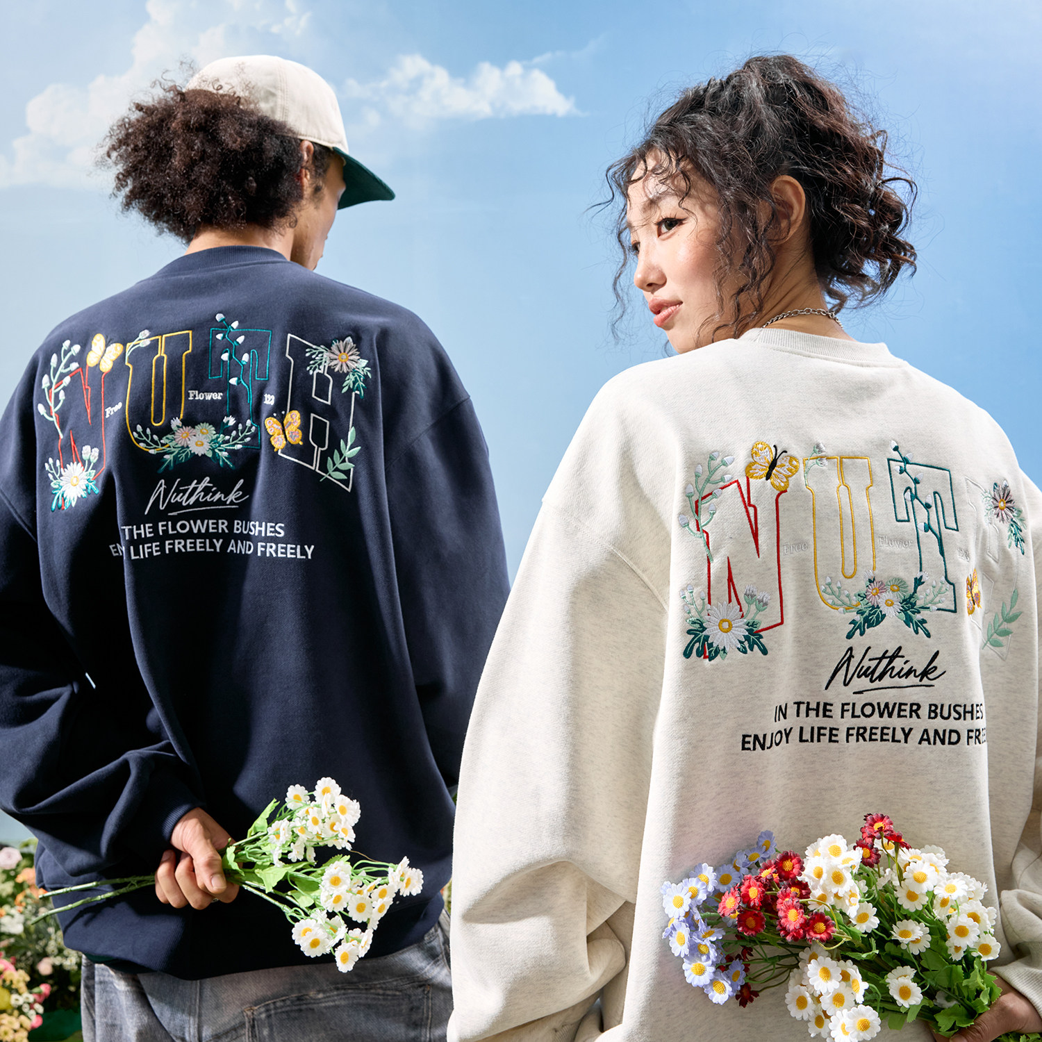 Nuthink冬季潮牌花卉刺绣卫衣男