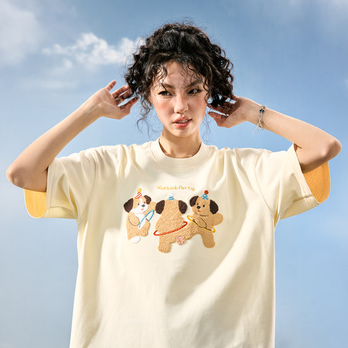 Nuthink美式卡通小狗刺绣T恤男女