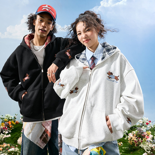 卡通潮牌男女2025冬新款 Nuthink美式 腊肠狗刺绣连帽卫衣外套开衫