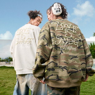 新款 Nuthink美式 复古珍珠字母刺绣圆领卫衣迷彩加绒男女2025冬季