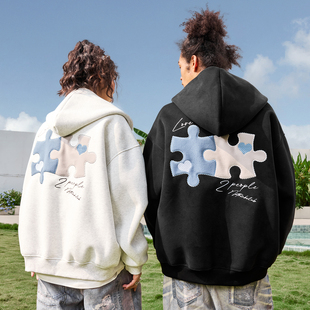 新款 加绒男女2025冬季 复古重磅刺绣拼图连帽卫衣开衫 Nuthink美式