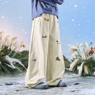 Nuthink美式潮牌腊肠狗刺绣卫裤加绒裤子男款垂感阔腿2026年春季