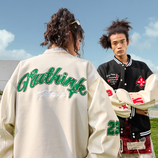 Nuthink美式 潮牌重磅刺绣拼接棒球服PU皮夹克外套男女2025冬新款