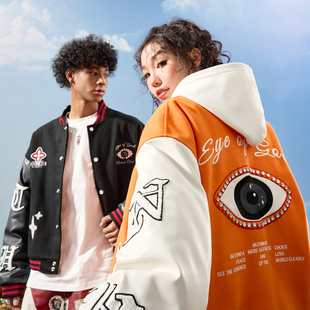 Nuthink美式 上帝之眼重磅刺绣镶钻棒球服PU皮夹克外套2025冬新款