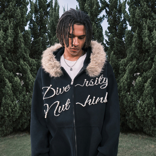 新款 潮牌字母男女毛领2025冬季 复古珍珠连帽卫衣开衫 Nuthink美式