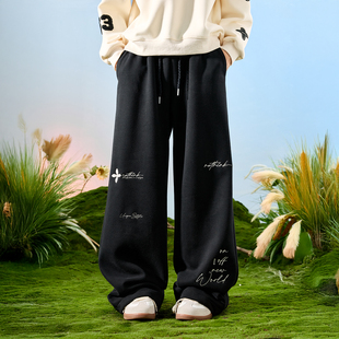 Nuthink美式潮牌刺绣字母垂感卫裤加绒裤子阔腿长裤男款2026年春