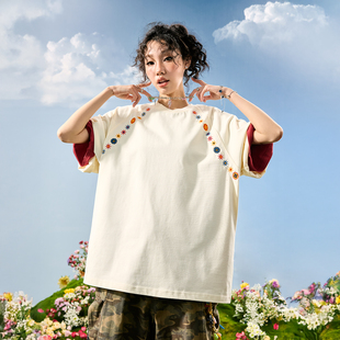 Nuthink美式复古彩色花卉刺绣T恤男款短袖T恤男女2026年夏季新款