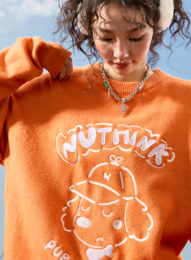 Nuthink美式复古卡通小狗刺绣毛衣圆领针织衫橙色男女冬新款2026